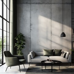 Modern Living Room Interior Design with Concrete Wall, Green Armchair, and Sofa
