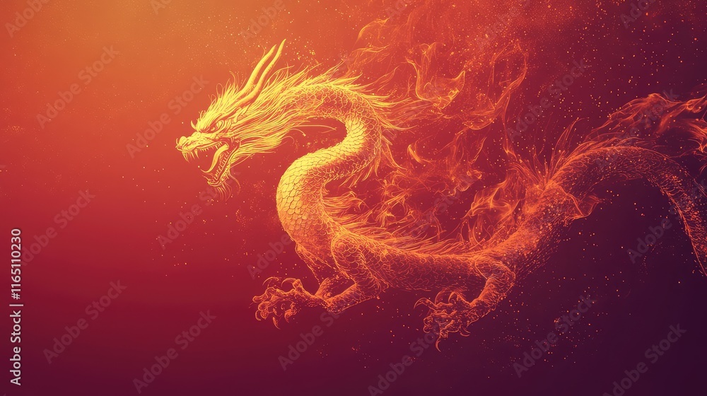 Poster dragon silhouette formed with dynamic golden flames over a deep red abstract gradient.