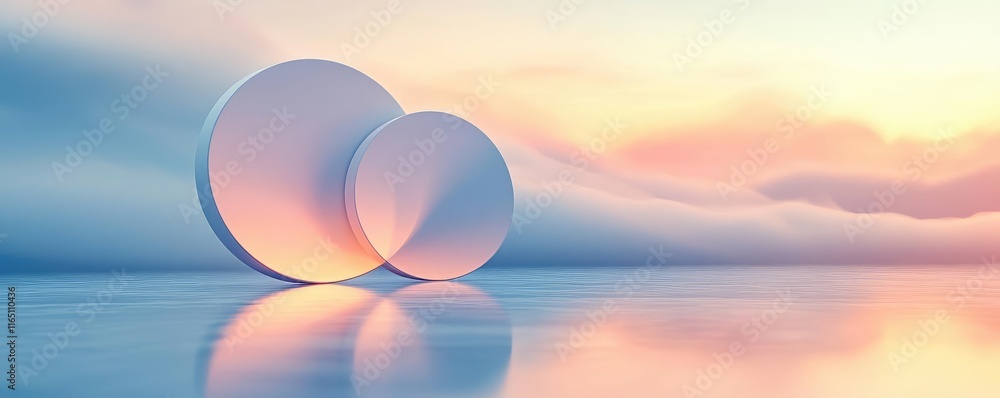 Poster Circles abstract background concept. Abstract composition of spheres reflecting soft pastel colors on a serene surface.