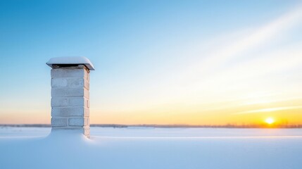 Snow-Covered Chimney at Winter Sunset