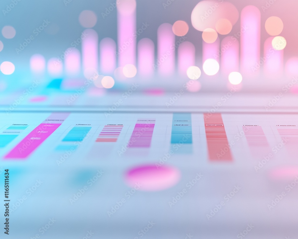 Poster Pastel Abstract Digital Interface with Financial Charts and Glowing Shapes