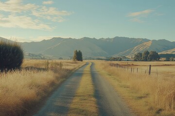 Fototapeta premium Scenic Dirt Road Leading Through Golden Fields Towards Distant Mountains in the Early Morning Light