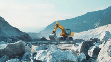 Excavators Moving Large Rocks at Construction Site in Natural Environment