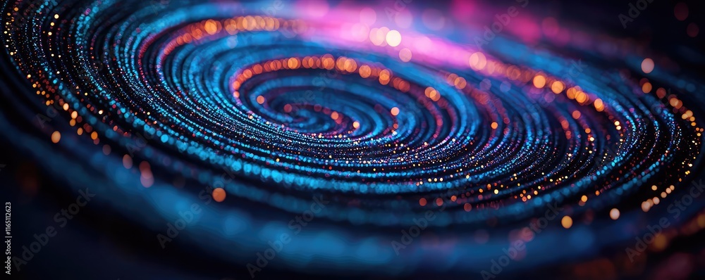 Poster Cosmic abstract background idea. An abstract cosmic spiral with vibrant colors and luminous particles, illustrating beauty.