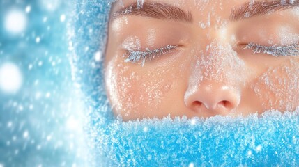 Fototapeta premium Close-up of frost-covered face of caucasian woman in winter scene