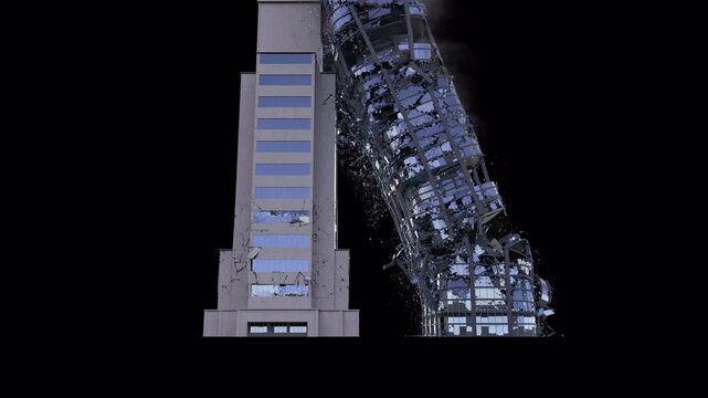 Realistically modeled(with inner and outer walls, concrete parts, columns, floor levels and bricks) building collapsing with dust and debris 4K drag and drop editing software supporting blending mode