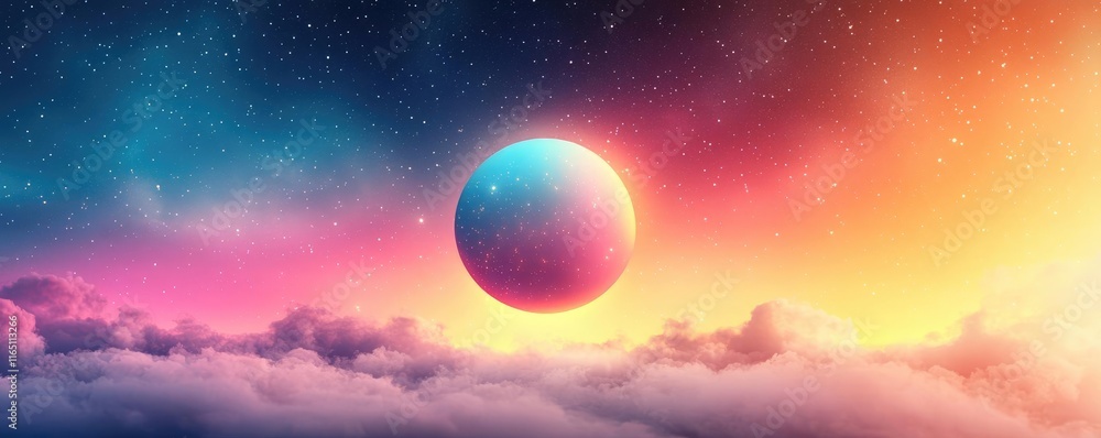 Poster Cosmic abstract background idea. A colorful cosmic scene with a vibrant planet floating above fluffy clouds and stars.