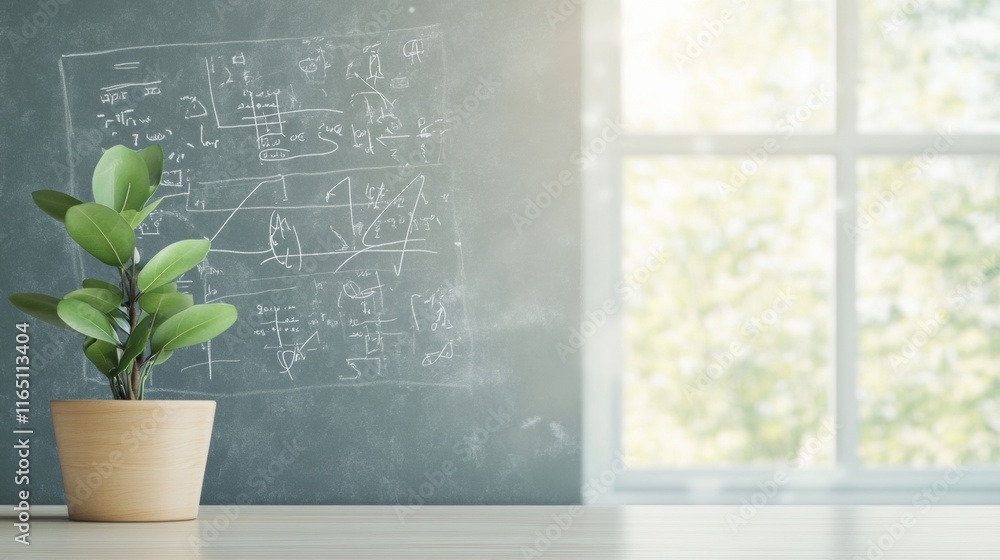 Poster serene classroom with mathematical chalkboard and soft winter light