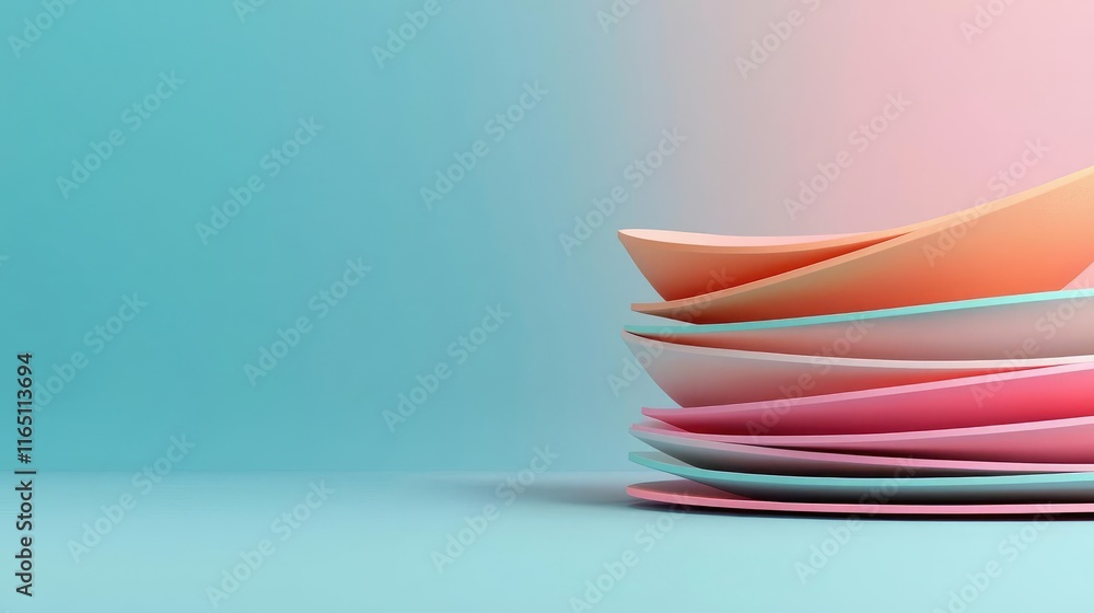 Poster Cosmic abstract background idea. A vibrant stack of colorful plates against a pastel background for dining themes.