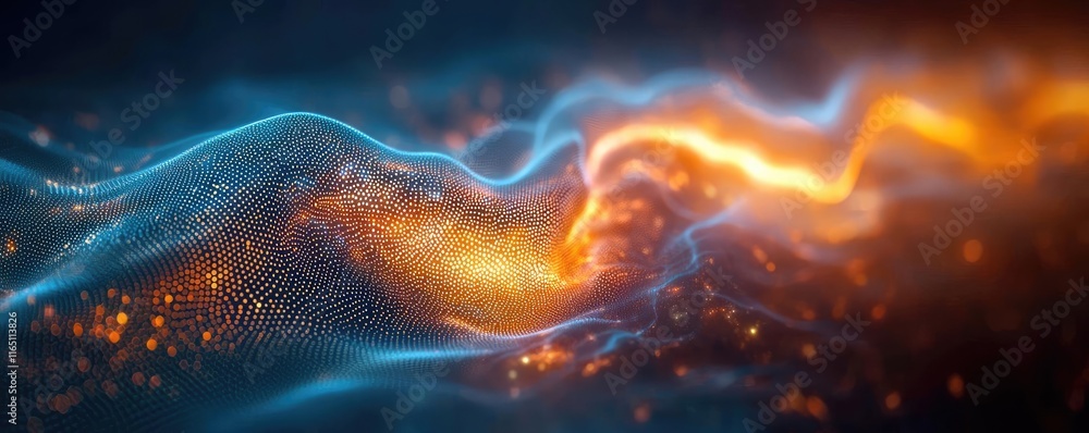 Poster cosmic abstract background idea. abstract digital waves of energy in vibrant colors of blue and oran