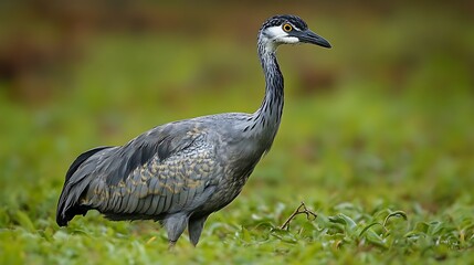 A grey bird with a long neck and a white face stands in a green grassy field.