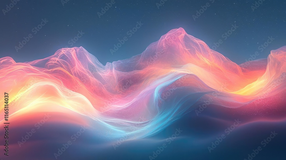 Poster Cosmic abstract background idea. Vibrant abstract landscape with flowing colors and ethereal mountain shapes.