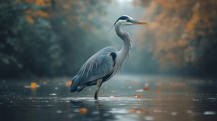 Obraz premium Great blue heron wading in autumnal water.