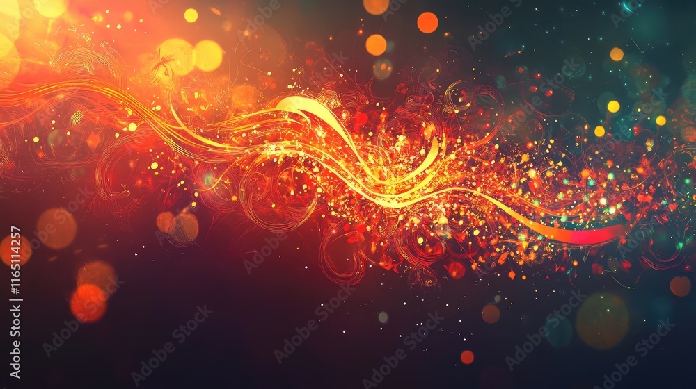 Poster dynamic abstract calligraphy design with glowing fireworks in the background, evoking festivity and 