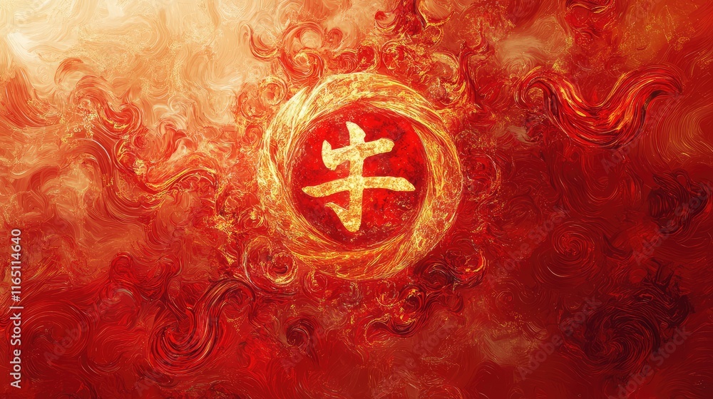 Poster dynamic abstract chinese luck symbol with radiant gold elements surrounded by swirling red patterns,