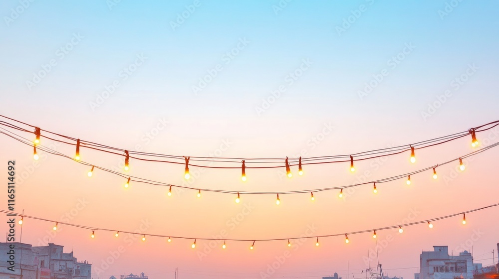 Poster twilight urban skyline illuminated by festive string lights