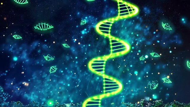 Glowing dna helix amidst cosmic forest and starry galaxy