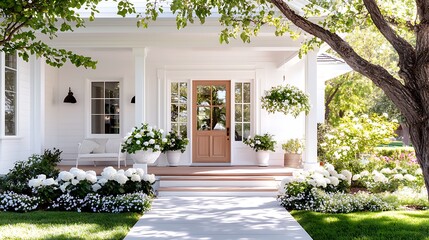 Charming white house with peach door, porch, lush greenery, and flower beds.