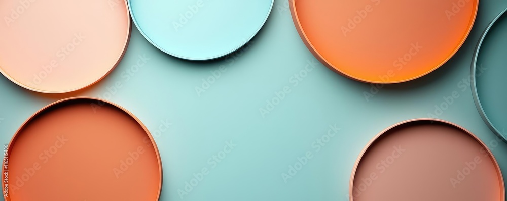 Poster Circles abstract background concept. Abstract colorful round plates on a teal background for modern design projects.