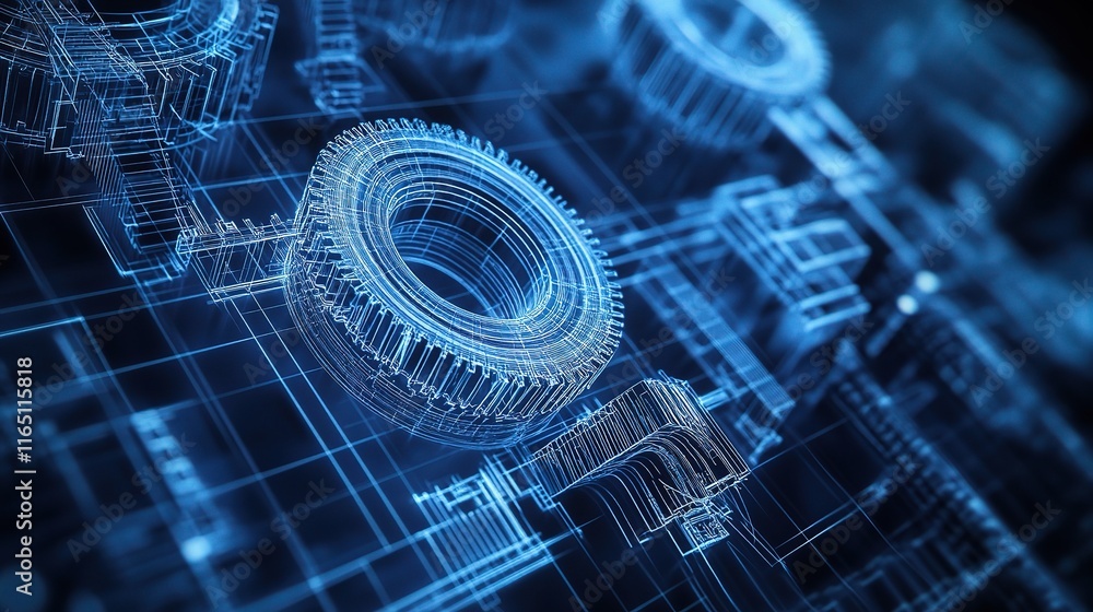 Poster detailed 3d blueprint of mechanical design with engaging elements