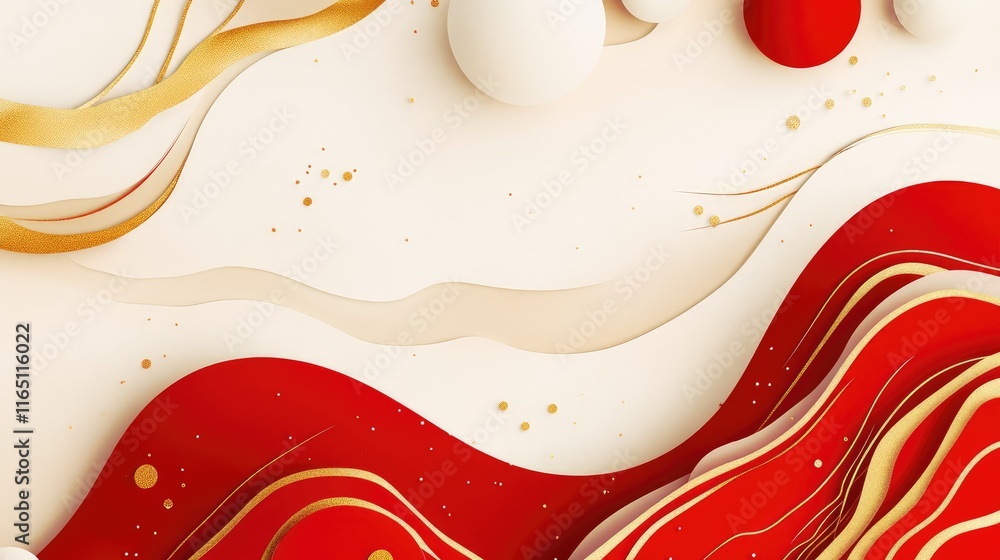Poster dynamic abstract design for spring festival with fluid red and gold shapes, symbolizing joy and new 