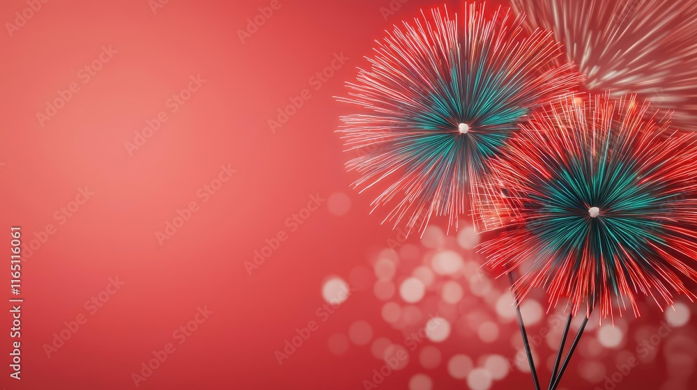 Aufkleber Fireworks abstract background idea. Colorful fireworks display on a vibrant red background for celebration vibes.
