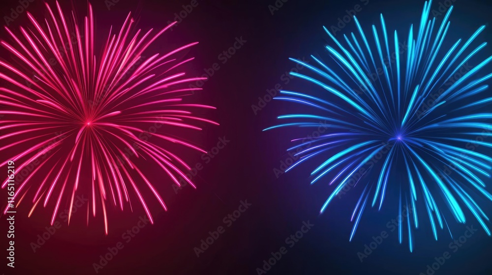 Poster fireworks abstract background idea. bright fireworks in pink and blue bursting in the night sky, cre