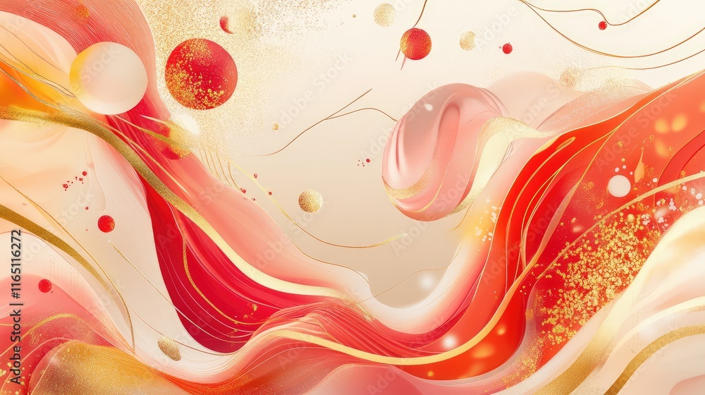 Poster dynamic abstract design for spring festival with fluid red and gold shapes, symbolizing joy and new 