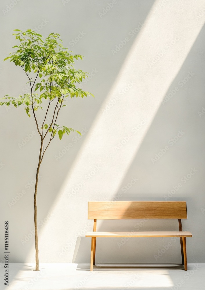 Aufkleber tranquil minimalist setting with wooden bench and sunlit tree shadows