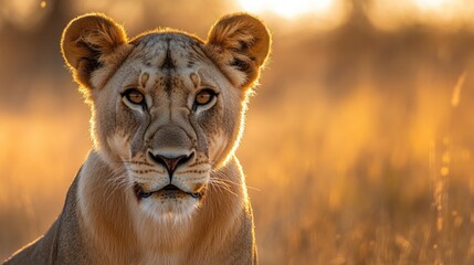 Majestic lioness portrait at sunset, golden light.