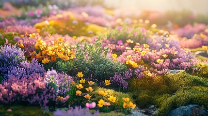 Obraz premium Evergreen shrubs nestled in a bed of soft moss, framed by vibrant spring wildflowers in shades of pink, yellow, and purple, warm sunlight casting gentle highlights, intricate details and vivid colors,