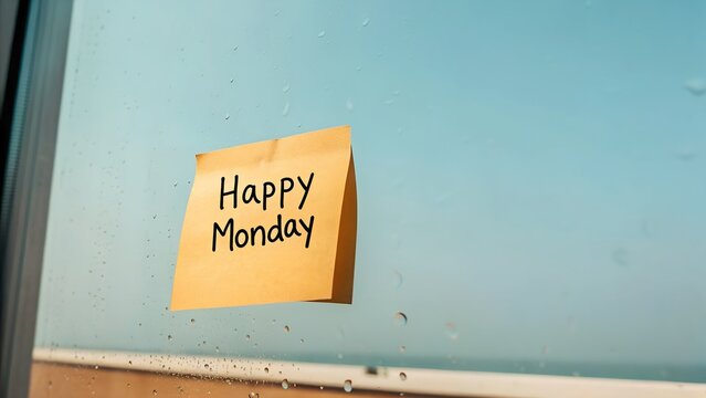 Happy Monday message on a sticky note attached to a rain-streaked window. A cheerful start to the week, despite the weather.