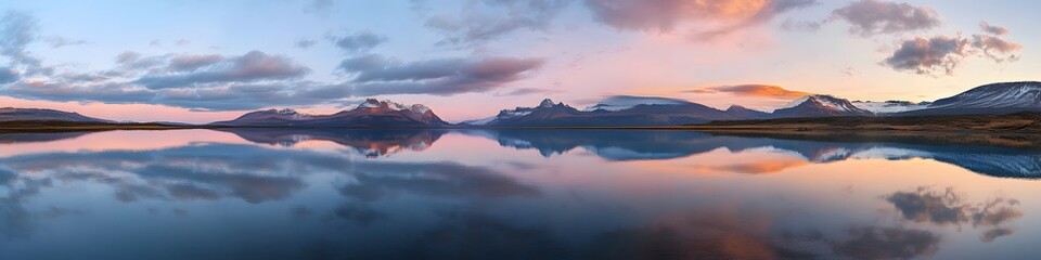Fototapeta premium Panoramic view of Torres del Paine reflected perfectly in the calm waters of Laguna Azul at dawn, with soft hues painting the sky, in 4K resolution