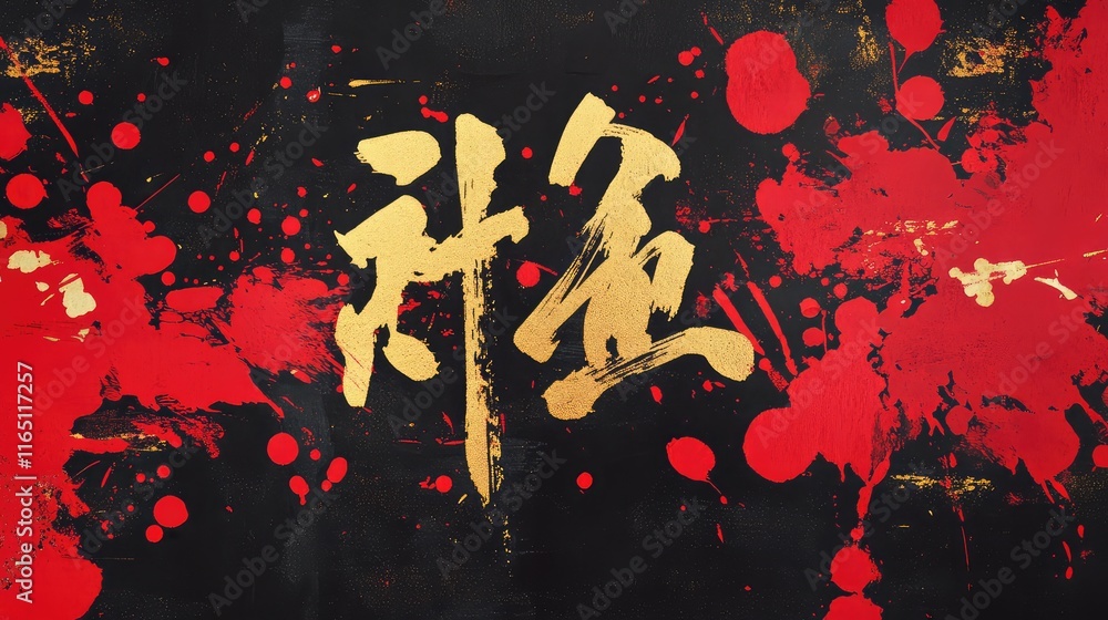 Aufkleber dynamic abstract design with chinese new year calligraphy in gold, surrounded by red ink splashes.