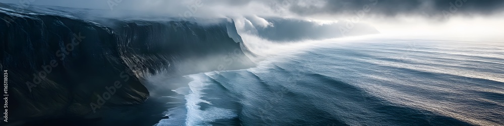 Poster aerial panorama of a glacier carving into the southern ocean, with mist and waves creating a dynamic