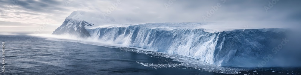 Poster aerial panorama of a glacier carving into the southern ocean, with mist and waves creating a dynamic