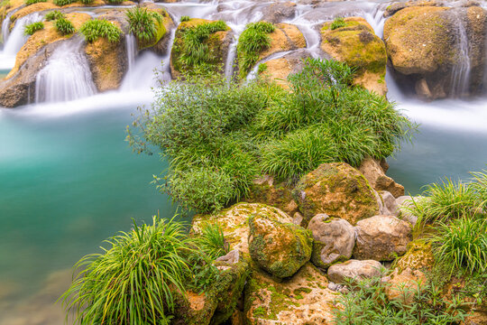 The beautiful stream waterfall in Libo, Guizhou, China shot on the long exposure