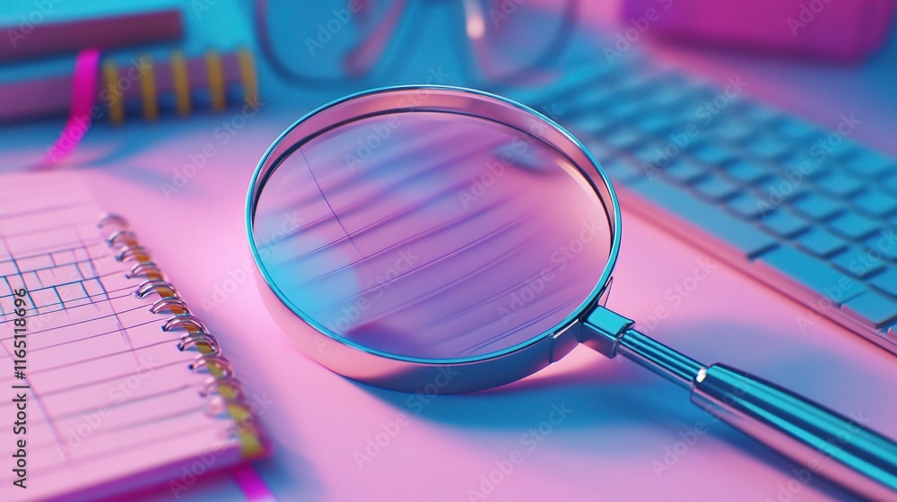 Poster magnifying glass on computer keyboard with notebook and glasses