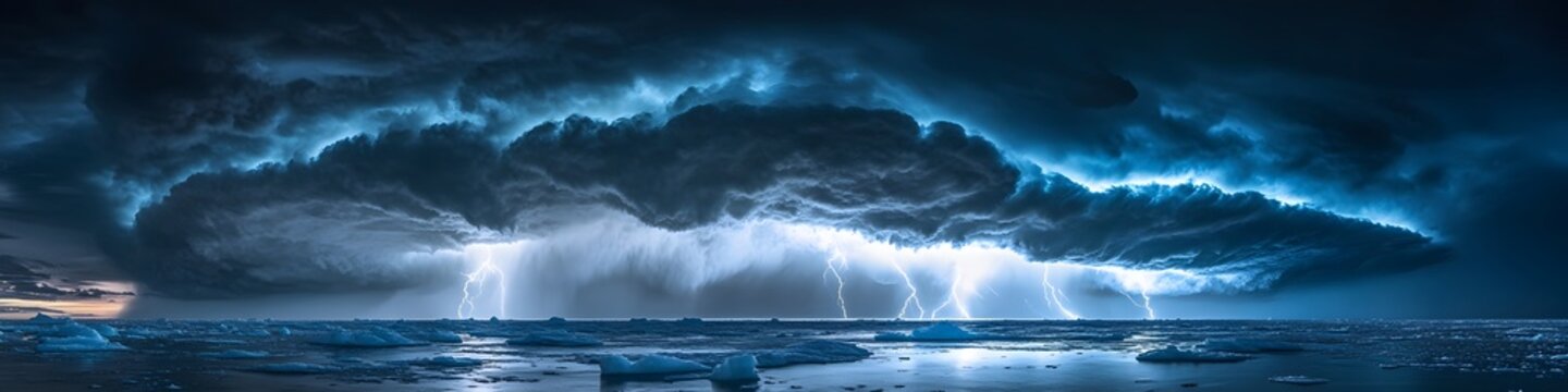 Wide shot of a dramatic summer storm rolling over the Antarctic landscape, with dark clouds and dynamic ice formations glowing under lightning, in 4K resolution