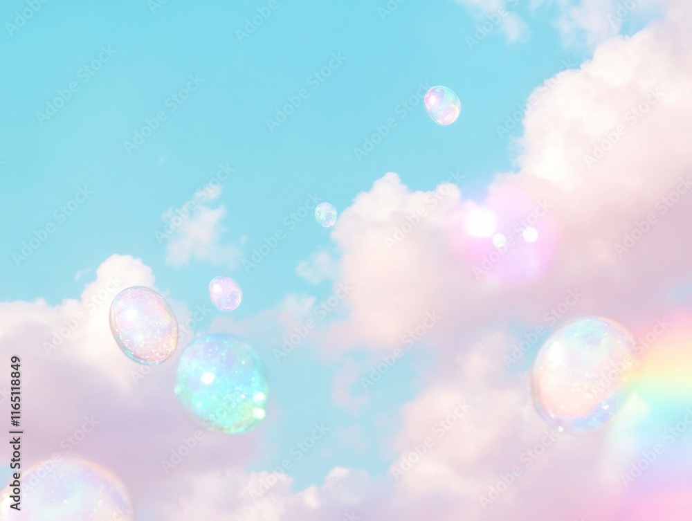 Poster dreamy pastel sky with floating iridescent bubbles against soft clouds