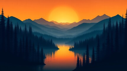 Fototapeta premium Majestic Mountain Sunset Over Serene Lake And Forest