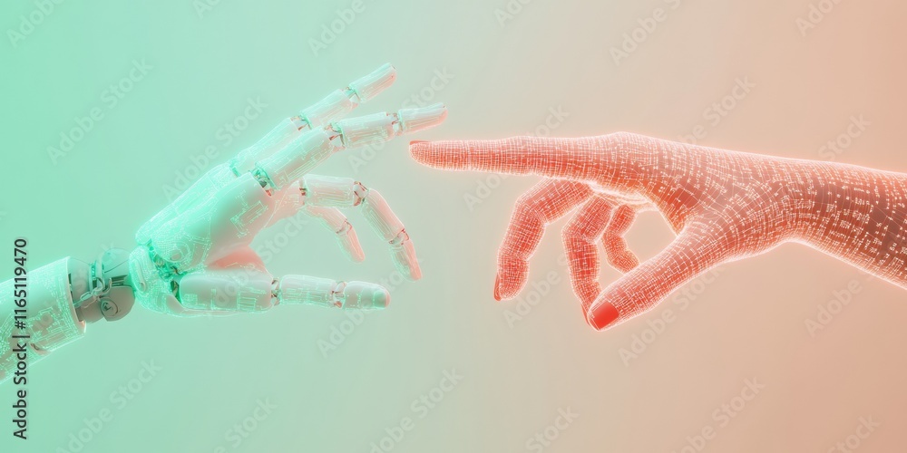 Poster human and robotic hand connection with futuristic digital patterns