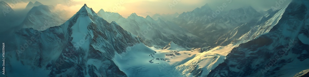 Poster aerial panorama of the snowy peaks surrounding everest base camp, with dynamic shadows cast by the g
