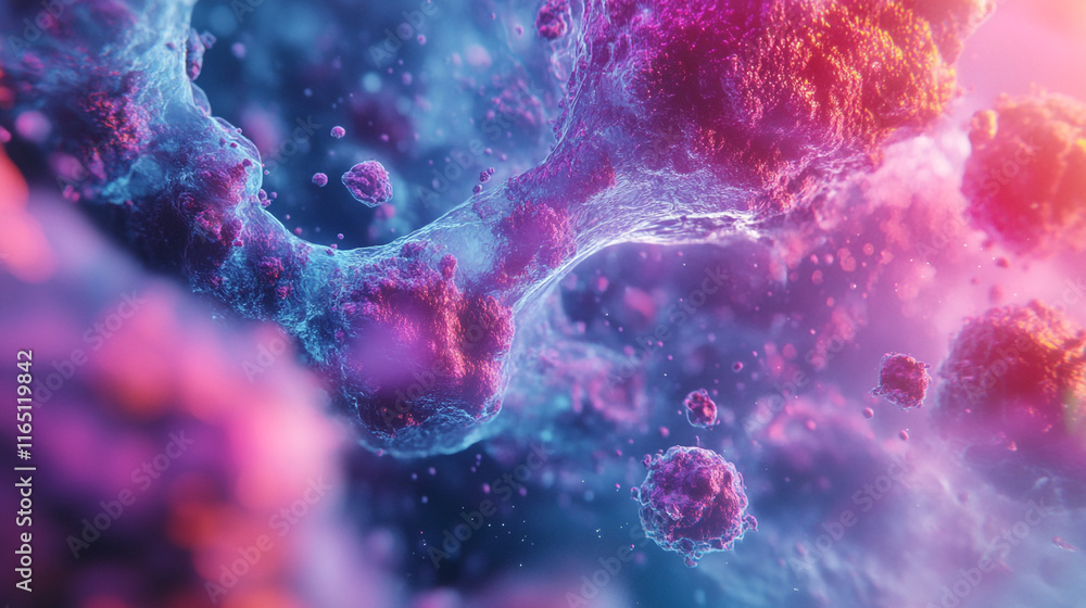 Poster intricate view of colorful cells interacting in a vibrant microscopic environment