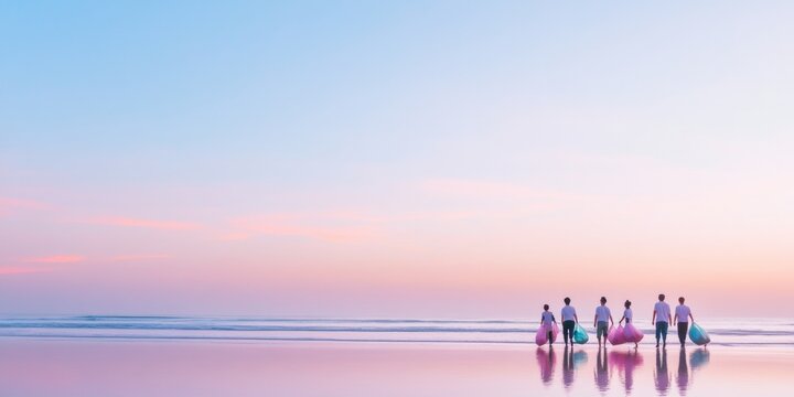 Sunrise Beach Cleanup Team on Pastel Shores Silhouettes in Environmental Action