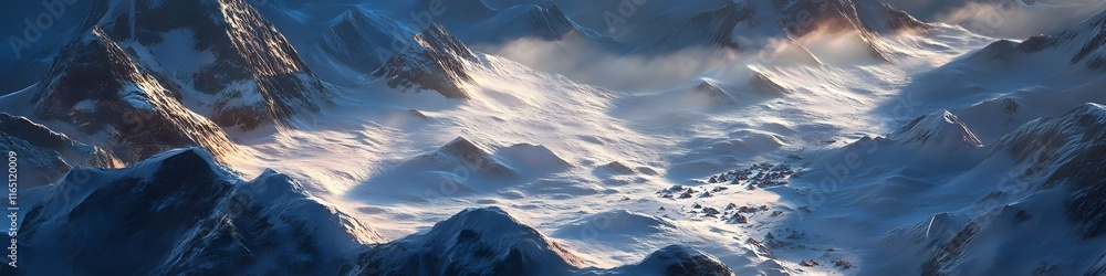 Poster aerial panorama of everest base camp surrounded by dynamic shadows and vibrant light patterns on the