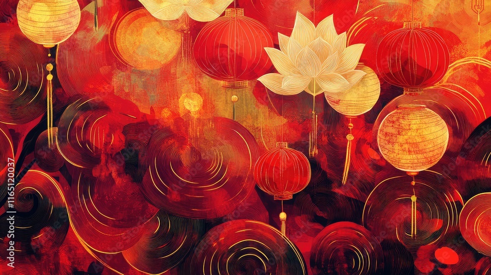 Poster dynamic abstract patterns with chinese festive symbols like lanterns and lotus flowers, surrounded b