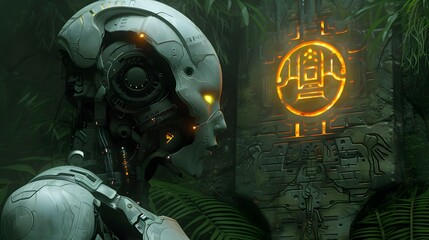 Fototapeta premium Humanoid Robot Observing Ancient Carvings with Glowing Details