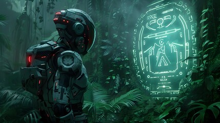 Fototapeta premium Humanoid Robot Observing Ancient Carvings in Lush Jungle Setting