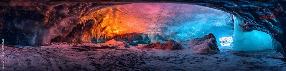 Poster panoramic view of vatnaj kull glacier glowing under a vibrant aurora display, with ice caves shimmer